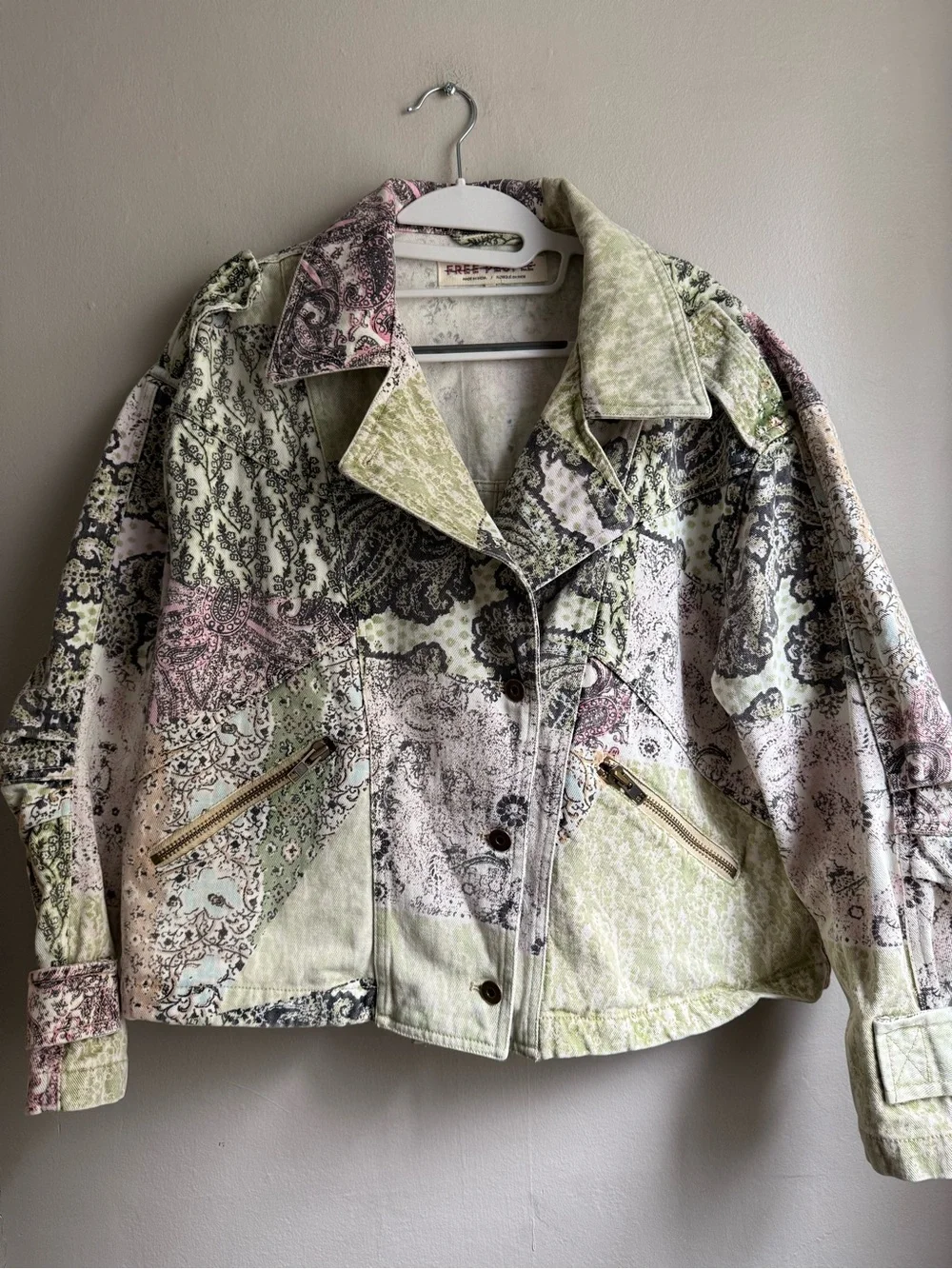 Free People Nadia Moto Jacket Oversized XS Patchwork Paisley Floral Cotton Boho
